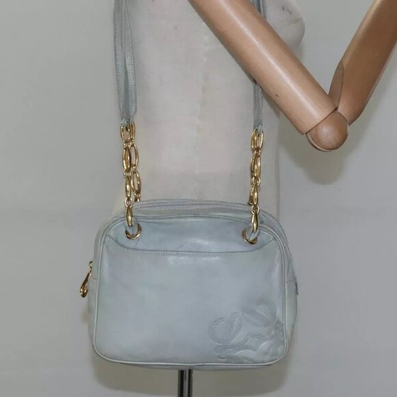 LOEWE Anagram Chain Shoulder Bag Leather Gray Gold Auth mr1092 - Picture 15 of 16